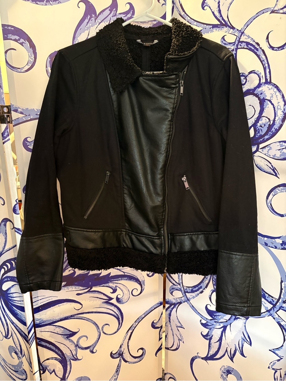 Rock & Republic Black Faux Leather Trim Jacket with Sherpa Collar